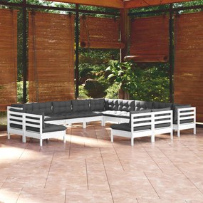 3096888 vidaXL Set mobilier de grădină cu perne, 13 piese, alb, lemn masiv pin