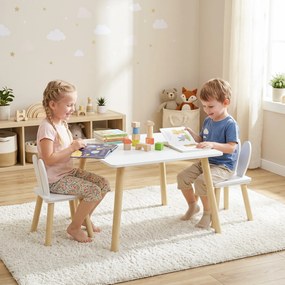 AIYAPLAY Set Masă și 2 Scaune pentru Copii 3-6 ani, Masă și Scaune cu Spătar în Formă de Urechi, 60x60x44 cm, Alb | Aosom Romania