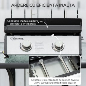 Gratar cu gaz si 2 arzatoare Outsunny, picioare reglabile, 6kW, 48.5x46x21cm, negru | Aosom Romania