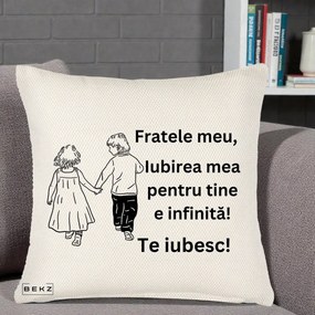 Cadou pentru Frate - Perna Personalizata Fratele Meu Te Iubesc Copii Tinand Maini Varianta 2, 40x40 cm, Crem Reliefat, Husa Detasabila, Perna Inclusa, BEKZ®