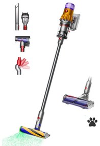 Aspirator vertical Dyson V12 Slim Detect Absolute 448884-01, 150AW, 340 ml, 60 min autonomie, 3 moduri, Afișare date în timp real, Senzor de praf, Iluminat, Nichel/galben