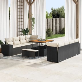 vidaXL Set de canapea pentru grădină cu 11 piese, perne incluse, din ratan sintetic negru și lemn de acacia.
