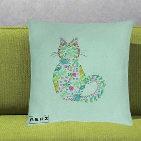 Perna Decorativa Pisica Florala Acuarela, 40x40 cm, Verde Menta, Husa Detasabila, Perna Inclusa, BEKZ®