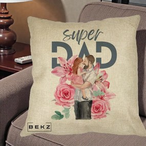 Cadou pentru Tata - Perna Personalizata Super Dad Tata cu Fetita si Flori, 40x40 cm, Crem, Husa Detasabila, Perna Inclusa, BEKZ®