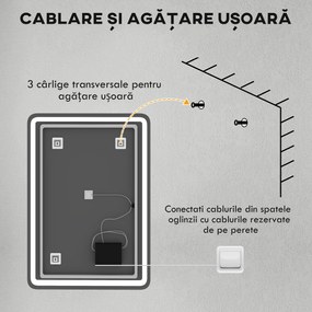 kleankin Oglinda pentru Baie cu Lumini LED, 70x50 cm, Argintiu | Aosom Romania