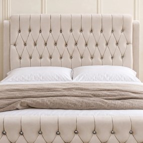 Pat tapițat Chesterfield din catifea Aveline Deluxe 180×200 cm, crem, cu ladă de depozitare