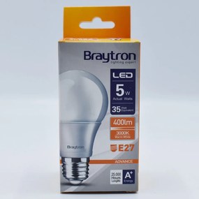Bec LED 5W(35W) Braytron, A60, E27, 400 lm, lumina calda (3000 K), clasa energetica F