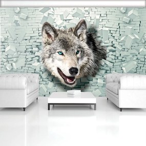 Fototapet - Lup iese din 3D perete (152,5x104 cm)