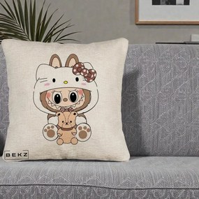 Perna Personalizata Labubu x Hello Kitty Maro-Vintage, 40x40 cm, Bej Canapea, Husa Detasabila, Perna Inclusa, BEKZ®