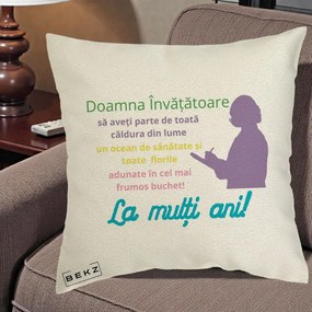 Cadou pentru Invatatoare - Perna Personalizata Doamna Invatatore La Multi Ani cu Silueta si Text Colorat, 40x40 cm, Ecru, Husa Detasabila, Perna Inclusa, BEKZ®