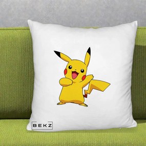 Perna Personalizata Pikachu Fericit, 40x40 cm, Alb Pufos, Husa Detasabila, Perna Inclusa, BEKZ®