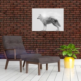 Tablou - Lupul arctic oglindit în peisajul sălbatic, alb-negru (70x50 cm)