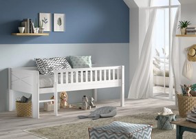 Pat semi-supraetajat pentru copii SCOTT, alb, 90 x 200 cm, din pin scandinav masiv, cu scară, opțional cu sertare pentru depozitare – Vipack