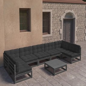 3077193 vidaXL Set mobilier grădină cu perne, 8 piese, negru, lemn masiv pin