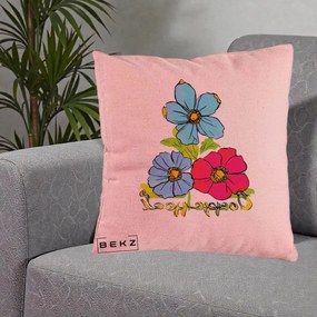 Perna Decorativa Trei Flori Grafice Pop Art, 40x40 cm, Roz, Husa Detasabila, Perna Inclusa, BEKZ®