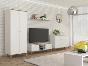 Camera de zi Providence D119Stejar deschis San Remo, Mat alb, Părți separate, Cu comodă tv, PAL laminat, 206x52cm, 151 kg