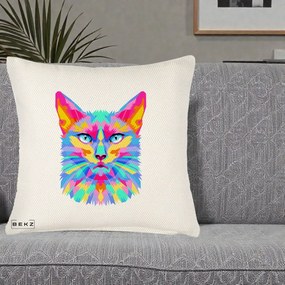 Perna Decorativa Pisica Pop Art Multicolor, 40x40 cm, Crem Reliefat, Husa Detasabila, Perna Inclusa, BEKZ®
