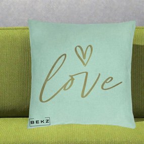 Perna Decorativa Love Caligrafie Aurie, 40x40 cm, Verde Menta, Husa Detasabila, Perna Inclusa, BEKZ®
