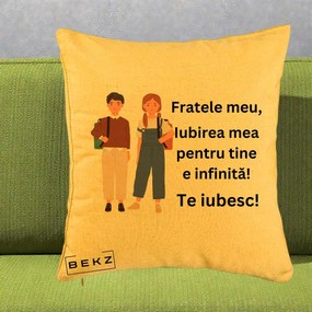 Cadou pentru Frate - Perna Personalizata Fratele Meu Te Iubesc Elevi Ilustratie Colorata, 40x40 cm, Galben, Husa Detasabila, Perna Inclusa, BEKZ®