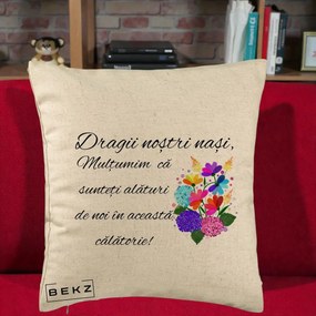 Cadou pentru Nasi - Perna Personalizata Dragii Nostri Nasi Multumim cu Flori Multicolore, 40x40 cm, Bej, Husa Detasabila, Perna Inclusa, BEKZ®