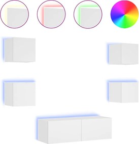 vidaXL Comode TV de perete cu lumini LED, 5 piese, alb