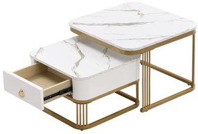Set de Măsuțe de Cafea Suprapozabile din Marmură Lucioasă cu Detalii Aurii și Sertare, 60x60x45 cm + 50x50x34 cm, Alb
