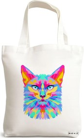 Sacosa de Panza pentru Cumparaturi, Geanta Tote, model Colorful Geometric Cat, 38x34.5 cm, Alba, BEKZ®