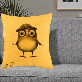 Perna Decorativa Pui Intelectual cu Palarie Tweed, 40x40 cm, Galben, Husa Detasabila, Perna Inclusa, BEKZ®