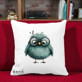 Perna Decorativa Pui Teal cu Ochelari Rotunzi, 40x40 cm, Alba Mata, Husa Detasabila, Perna Inclusa, BEKZ®
