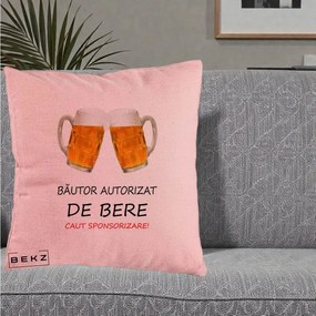 Perna Decorativa Bautor Autorizat de Bere, 40x40 cm, Roz, Husa Detasabila, Perna Inclusa, BEKZ®