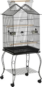 PawHut Cușcă pentru păsări pe suport cu 2 mese perșoare tavă detașabilă mâner și roți 50 x 58 x 137/145 cm negru | Aosom Romania