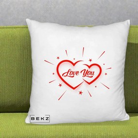 Cadou Romantic - Perna Personalizata Love You Doua Inimi, 40x40 cm, Alb Pufos, Husa Detasabila, Perna Inclusa, BEKZ®
