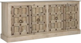 Bufet din lemn de tec, natur, cu 4 uși cu panouri și ținte din metal, aspect vintage, finisaj natural, 106 x 204 x 44 cm, „Flavigny”