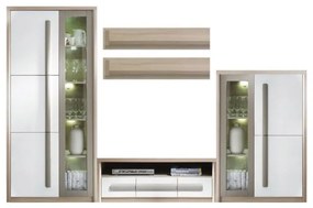Living ROMA Z.A., 4 corpuri, cu lumini LED, corp PAL stejar sonoma, fronturi MDF gri mat + alb lucios, 194x300x53 cm