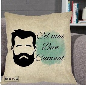Cadou pentru Cumnat - Perna Personalizata Cel mai Bun Cumnat cu Portret Barbat si Pete Teal, 40x40 cm, Crem, Husa Detasabila, Perna Inclusa, BEKZ®