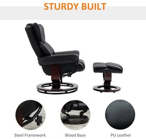 HOMCOM Fotoliu Relaxant si Puf, Reclinabil la 145° cu Scaun Rotativ din Piele Ecologica, Negru | Aosom Romania