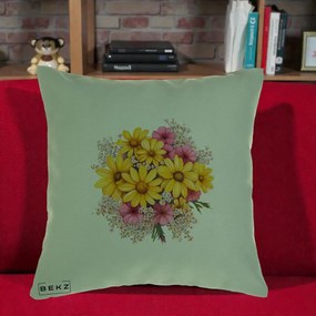 Perna Decorativa Floarea-Soarelui cu Cosmos Roz si Gypsophila, 40x40 cm, Verde, Husa Detasabila, Perna Inclusa, BEKZ®