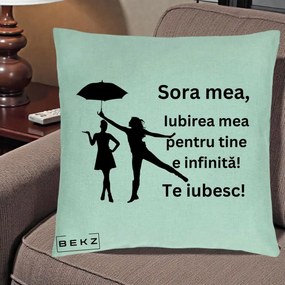 Cadou pentru Sora - Perna Personalizata Sora Mea Te Iubesc Siluete Negre cu Umbrela, 40x40 cm, Verde Menta, Husa Detasabila, Perna Inclusa, BEKZ®