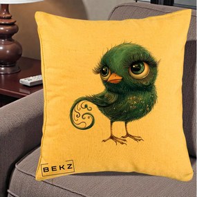 Perna Decorativa Pasare Teal cu Motive Aurii si Coada Spiralata, 40x40 cm, Galben, Husa Detasabila, Perna Inclusa, BEKZ®