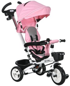 HOMCOM Triciclu pentru copii 6-in-1 cu mâner de împingere, acoperiș, centură, coș de depozitare, 18+ luni, Roz | Aosom Romania