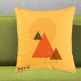 Perna Decorativa Geometric Munti si Soare, 40x40 cm, Galben, Husa Detasabila, Perna Inclusa, BEKZ®