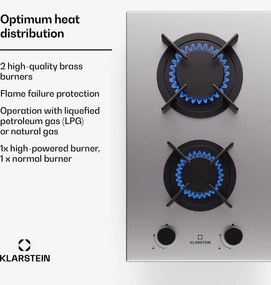Klarstein Goldflame, plită cu gaz, 2 arzătoare din alamă, oțel inoxidabil