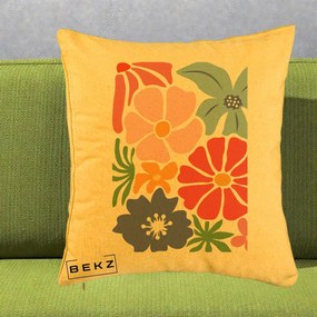 Perna Decorativa Flori Grafice Roz-Rosu-Albastru, 40x40 cm, Galben, Husa Detasabila, Perna Inclusa, BEKZ®