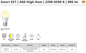 Bec pentru exterior Smart E27 A60 6,5W 2200-6500K 806Lm White