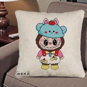 Perna Personalizata Labubu x Urs Albastru Colorat, 40x40 cm, Bej Canapea, Husa Detasabila, Perna Inclusa, BEKZ®