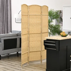 HOMCOM Paravan Interior Pliabil cu 3 Panouri Împletit din PP și Lemn de Pin, 135x1,7x180 cm, Lemn Natural | Aosom Romania