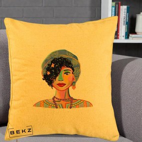 Perna Decorativa Portret Femeie Etnic Colorat, 40x40 cm, Galben, Husa Detasabila, Perna Inclusa, BEKZ®