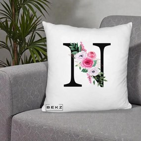 Cadou Personalizat - Perna Personalizata Monograma Florala Litera N, 40x40 cm, Alb Pufos, Husa Detasabila, Perna Inclusa, BEKZ®