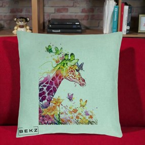 Perna Decorativa Girafa Curcubeu Acuarela, 40x40 cm, Verde Menta, Husa Detasabila, Perna Inclusa, BEKZ®