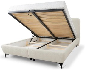 Pat matrimonial bej tapițat cu spațiu de depozitare cu somieră 140x200 cm Makapu – Makamii